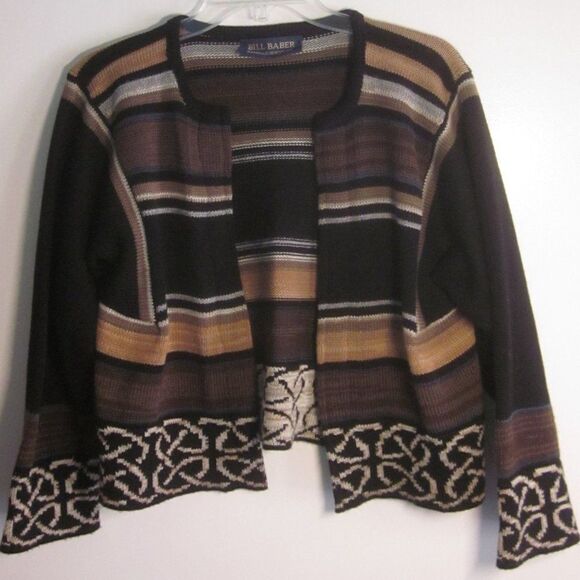 Bill Baber Handknit Edinburgh Scotland Brown Stripe Crop Cardigan Sweater Size M - Picture 2 of 12